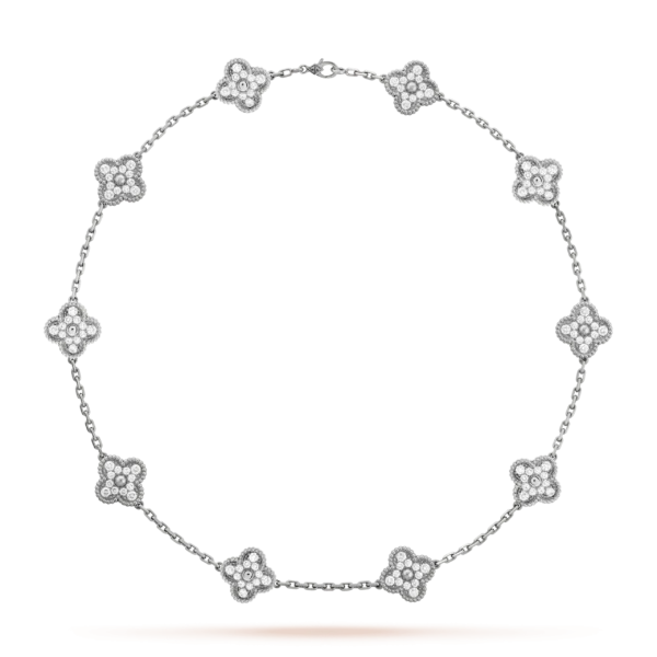 Vintage Alhambra White Gold Diamonds 10 Motifs Necklace Free Shipping