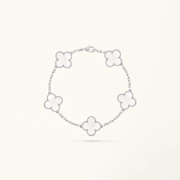 18K Gold Plated Four-Leaf Clover Bracelet in S925 Sterling Silver – Mother of Pearl & Onyx – Adjustable Elegant Jewelry for Women – Free Lucky Four-Leaf Clover Necklace Included