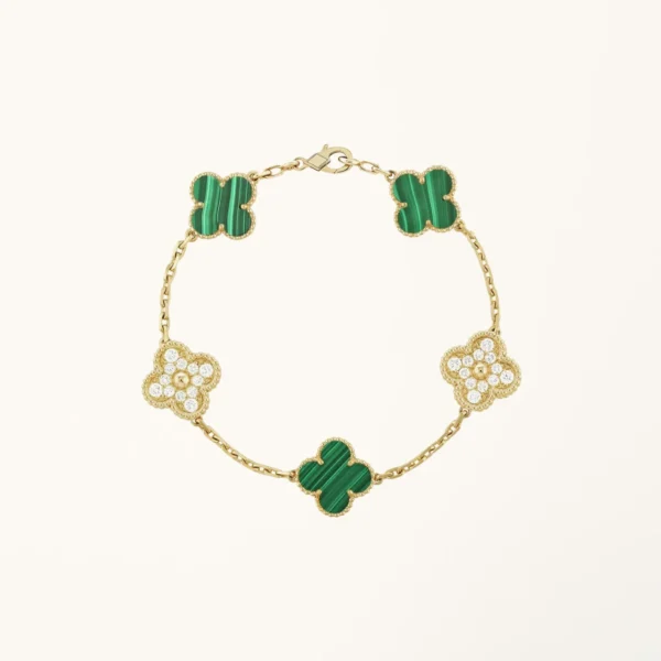 [ZYRONO] CLOVER 5 MOTIF MALACHITE DIAMOND BRACELET FREE SHIPPING