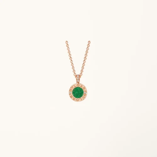 ZYRONO BVLGARI NECKLACE WITH 18 KT ROSE GOLD CHAIN AND 18 ROSE GOLD PENDANT SET WITH GREEN JADE AND PAVE DIAMOND