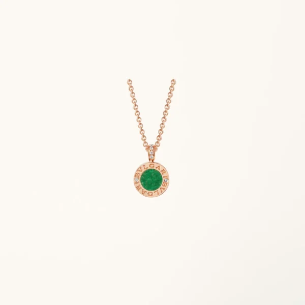 [ZYRONO] BVLGARI NECKLACE WITH 18 KT ROSE GOLD CHAIN AND 18 ROSE GOLD PENDANT SET WITH GREEN JADE AND PAVÉ DIAMONDS