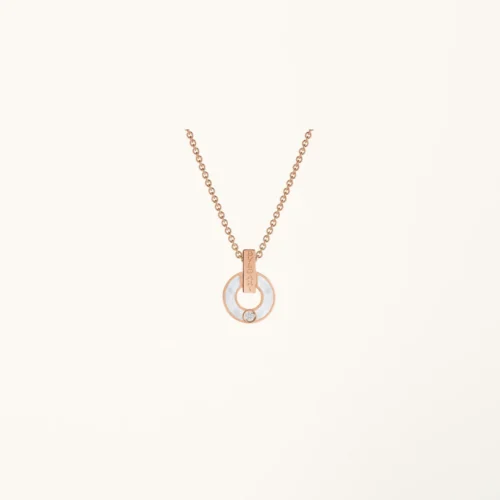 ZYRONO BVLGARI OPENWORK 18 KT ROSE GOLD NECKLACE SET WITH MOTHER OF PEARL ELEMENTS AND A ROUND BRILLIANT CUT DIAMOND 3